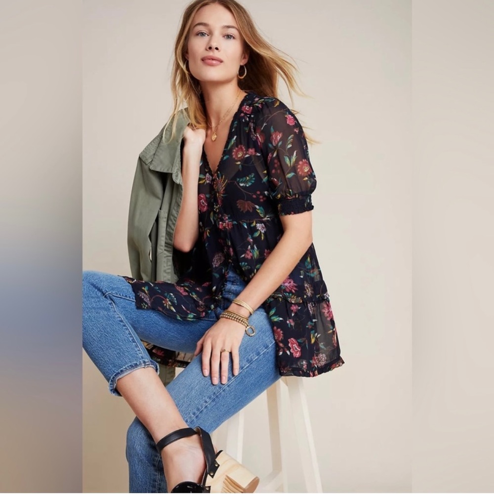 Anthropologie Black Sheer Tiered Ruffle Floral Tunic Blouse Size Small